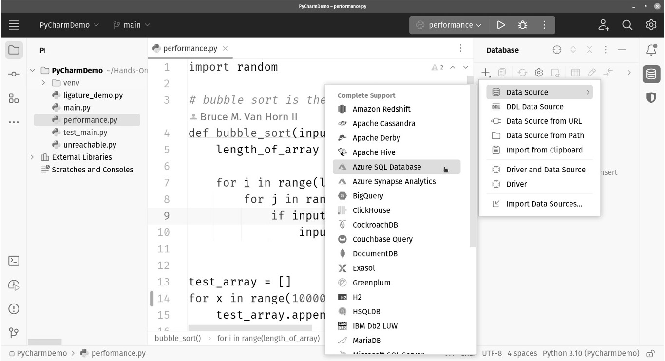 Figure 1.11: PyCharm has a robust and complete set of tools for working with relational databases such as Oracle, SQL Server, Postgres, and many more