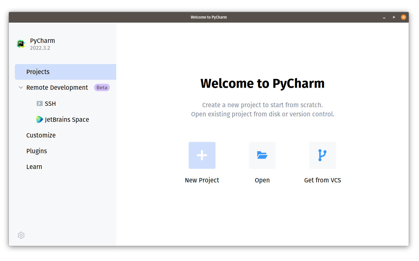 Figure 2.9: PyCharm with no loaded project