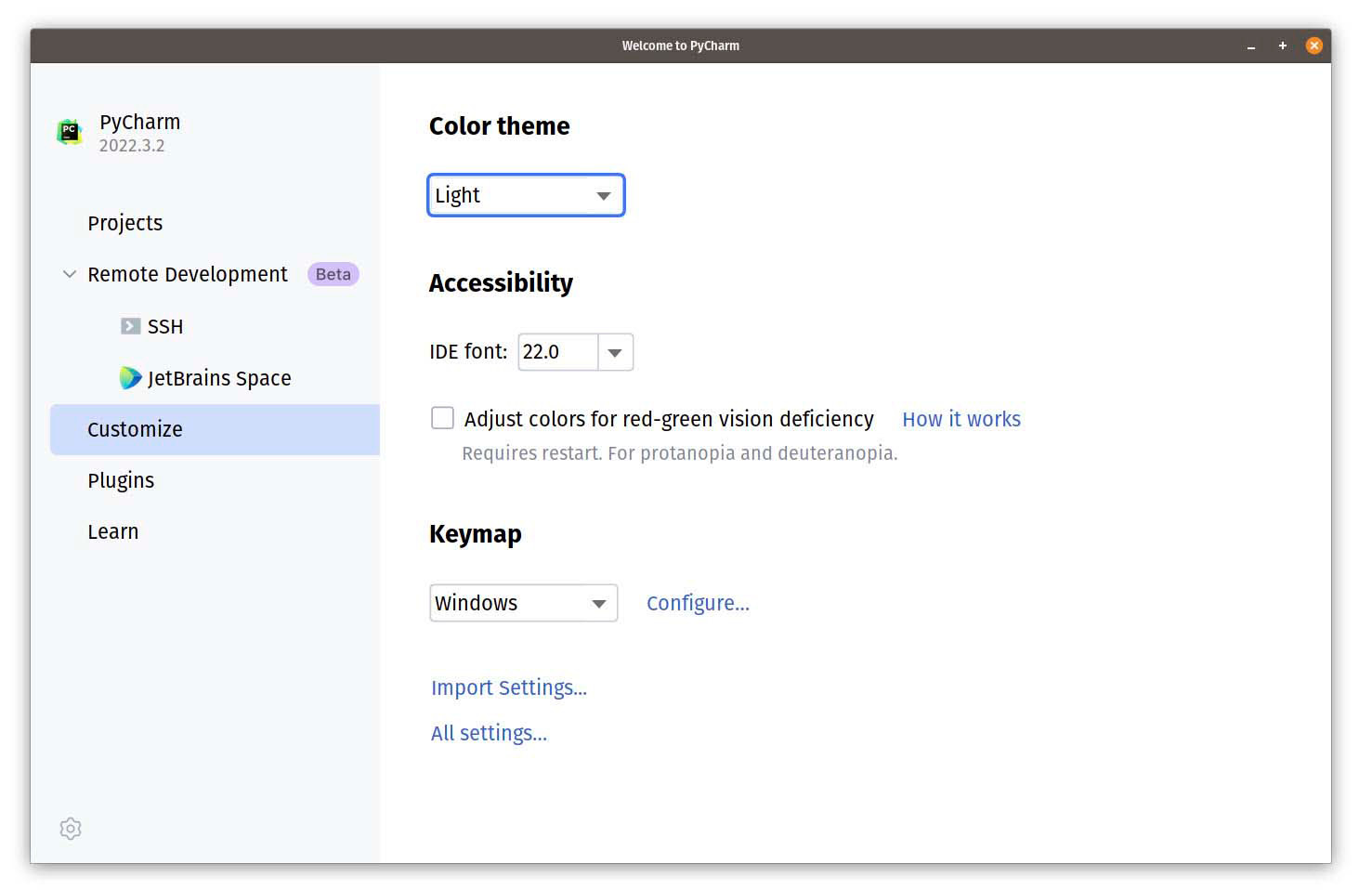 Figure 2.10: A small window for setting some of the important preferences in PyCharm