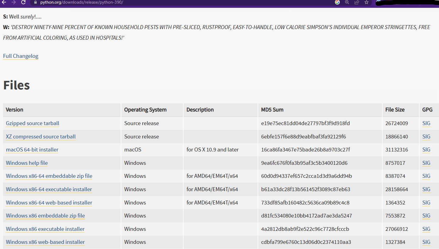 Figure 1.1 – Python.org download files for version 3.9