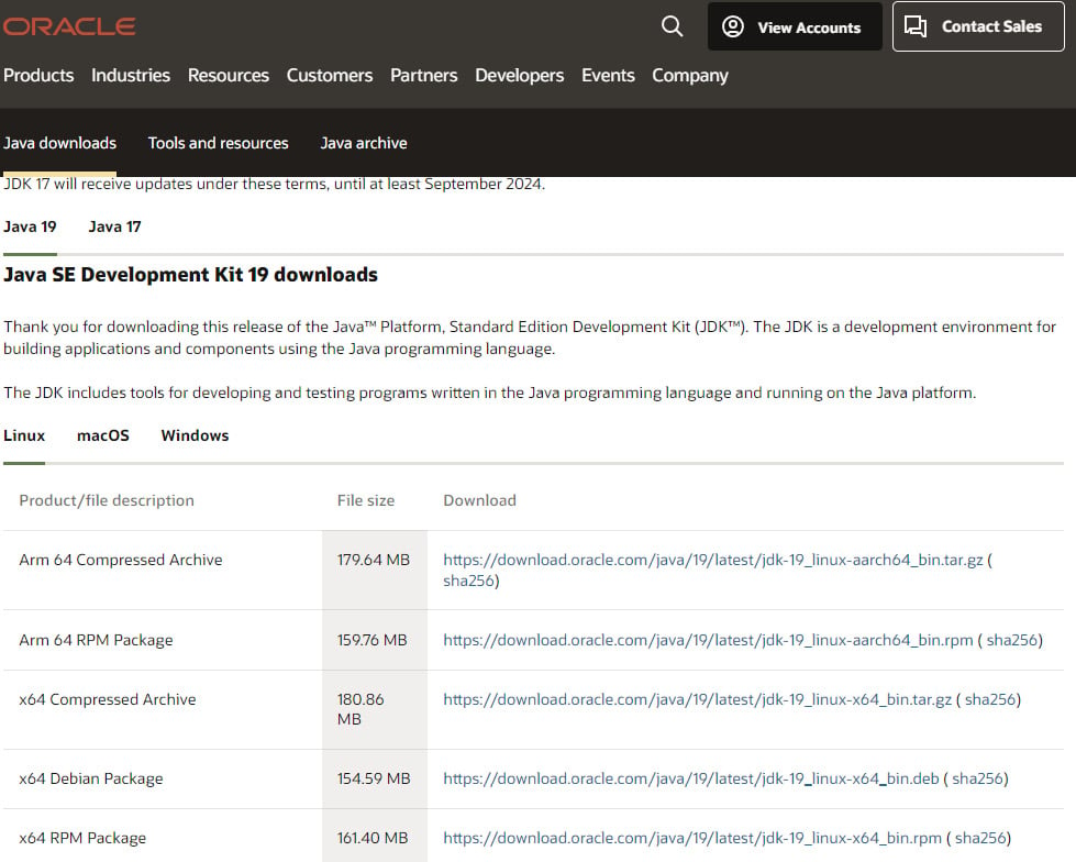 Figure 1.3 – The JDK 19 downloads official web page