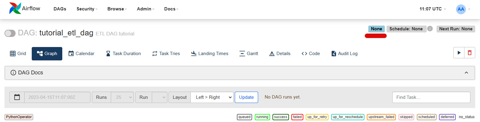 Figure 11.15 – DAG in ﻿the Airflow UI with an error in the scheduler