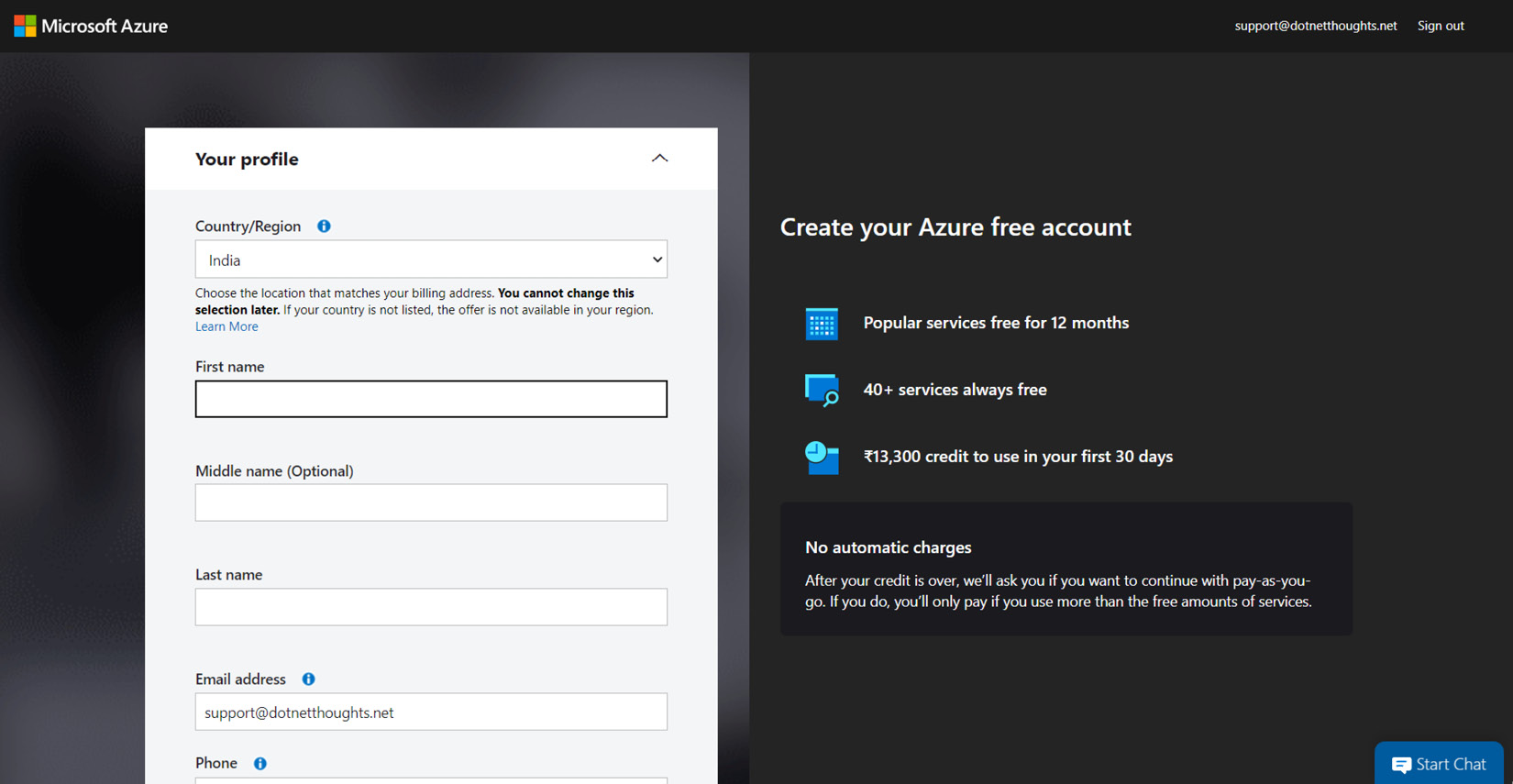 Figure 1.4 – Azure account profile creation
