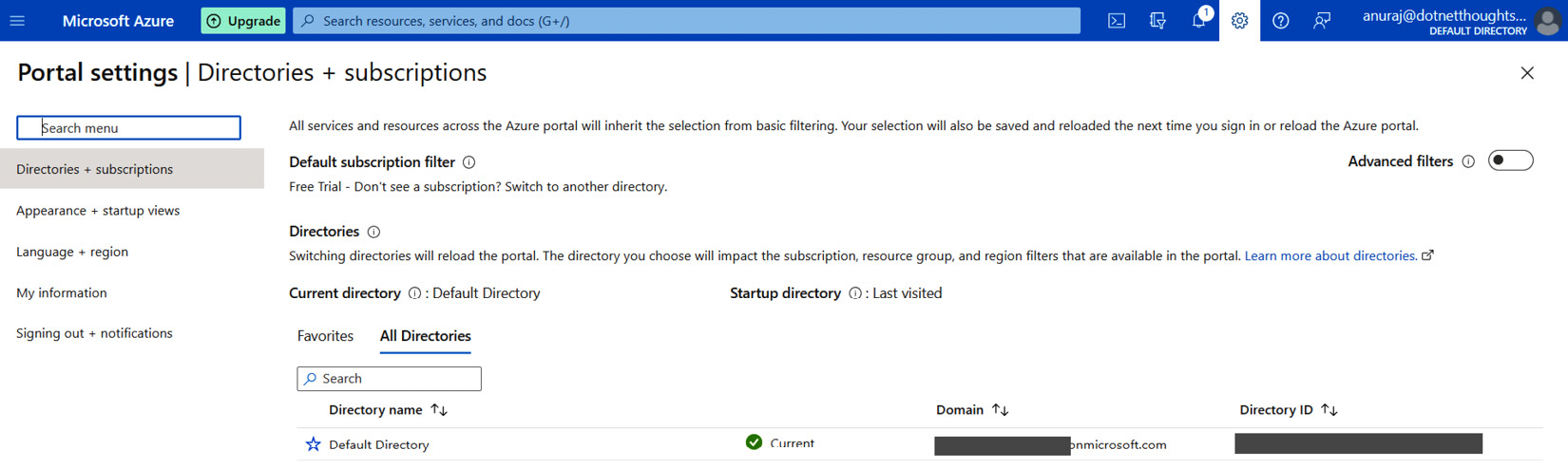 Figure 1.10 – Directories + Subscriptions page – Azure portal
