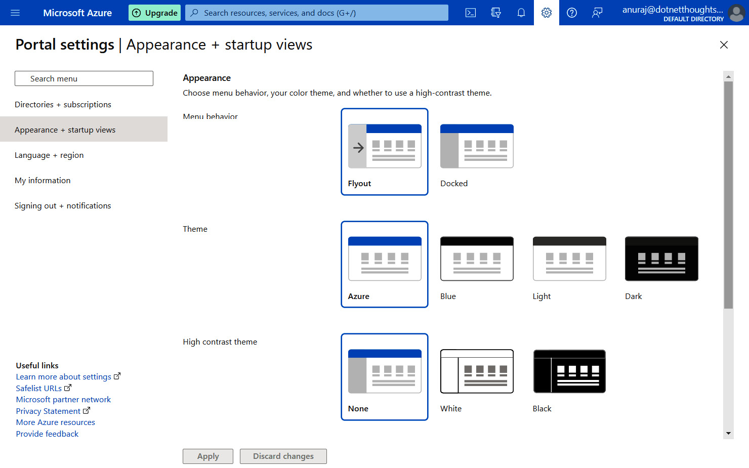 Figure 1.13 – Configure appearance and startup view – Azure portal
