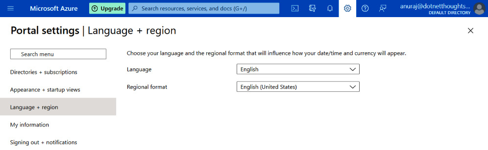 Figure 1.14 - Setting up language, date, and currency format – Azure portal
