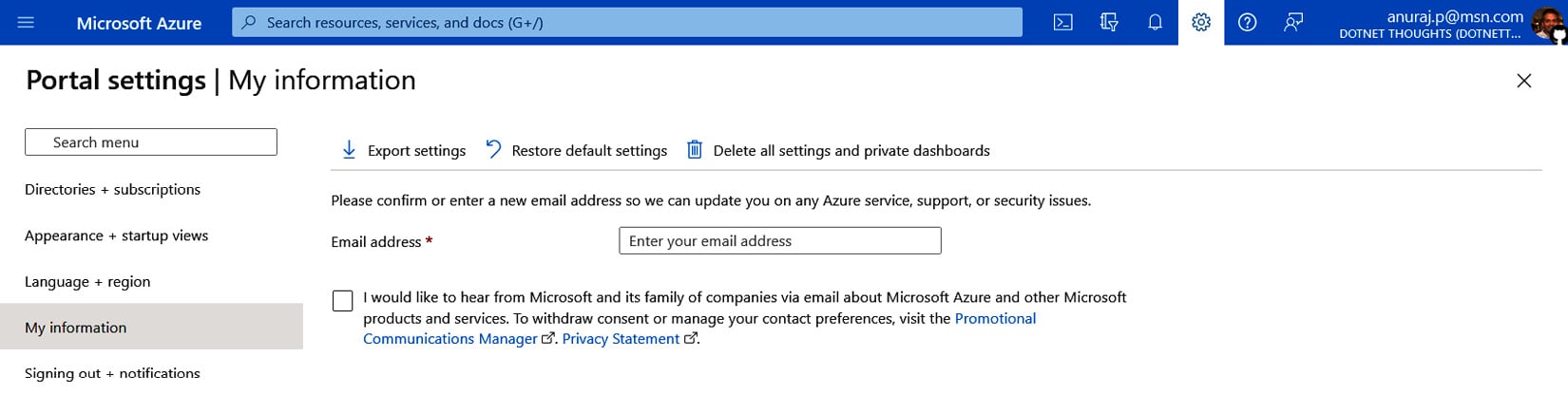 Figure 1.15 – My information – Azure portal
