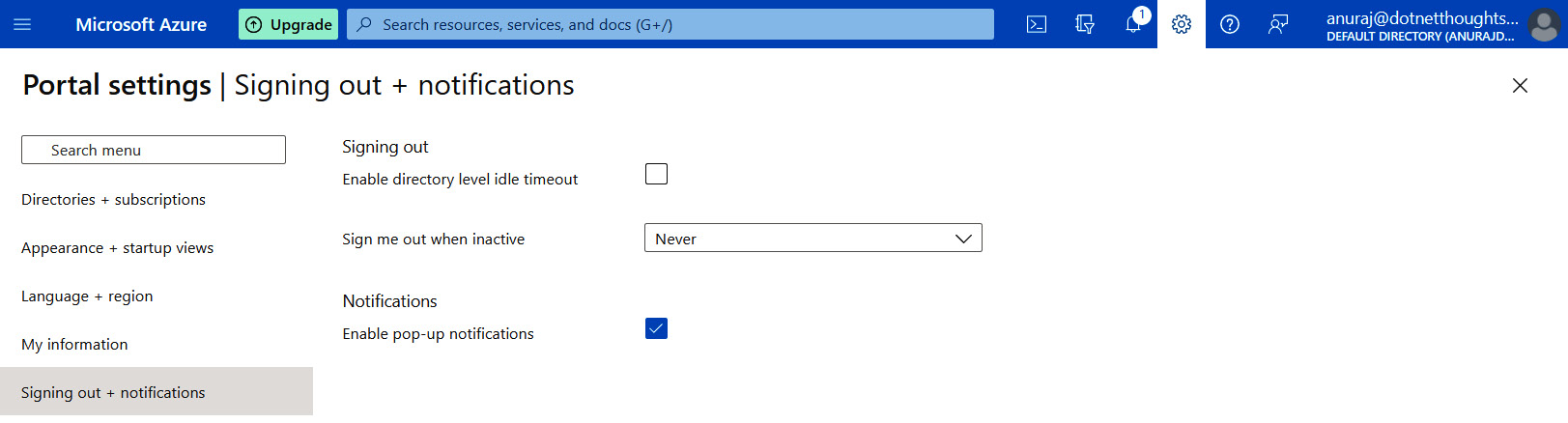 Figure 1.16 – Signing out and notifications configuration – Azure portal
