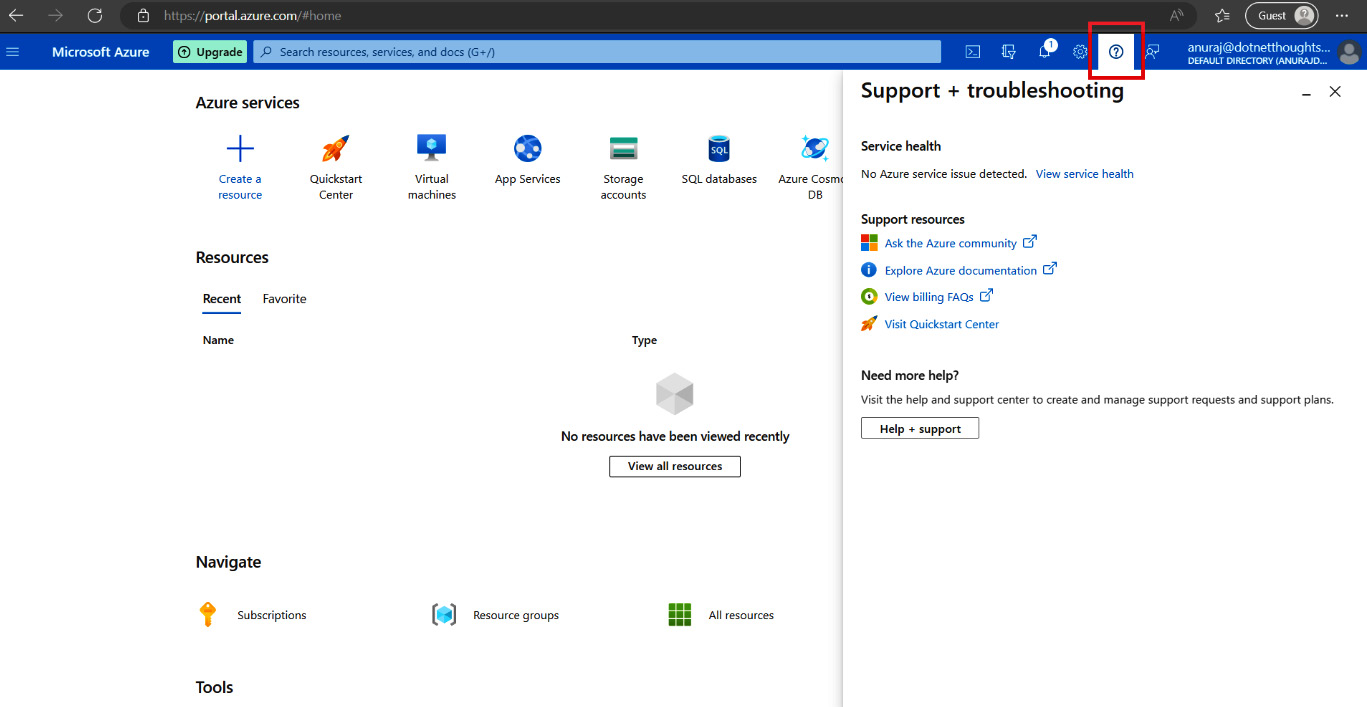 Figure 1.17 – The Support and troubleshooting option – Azure portal
