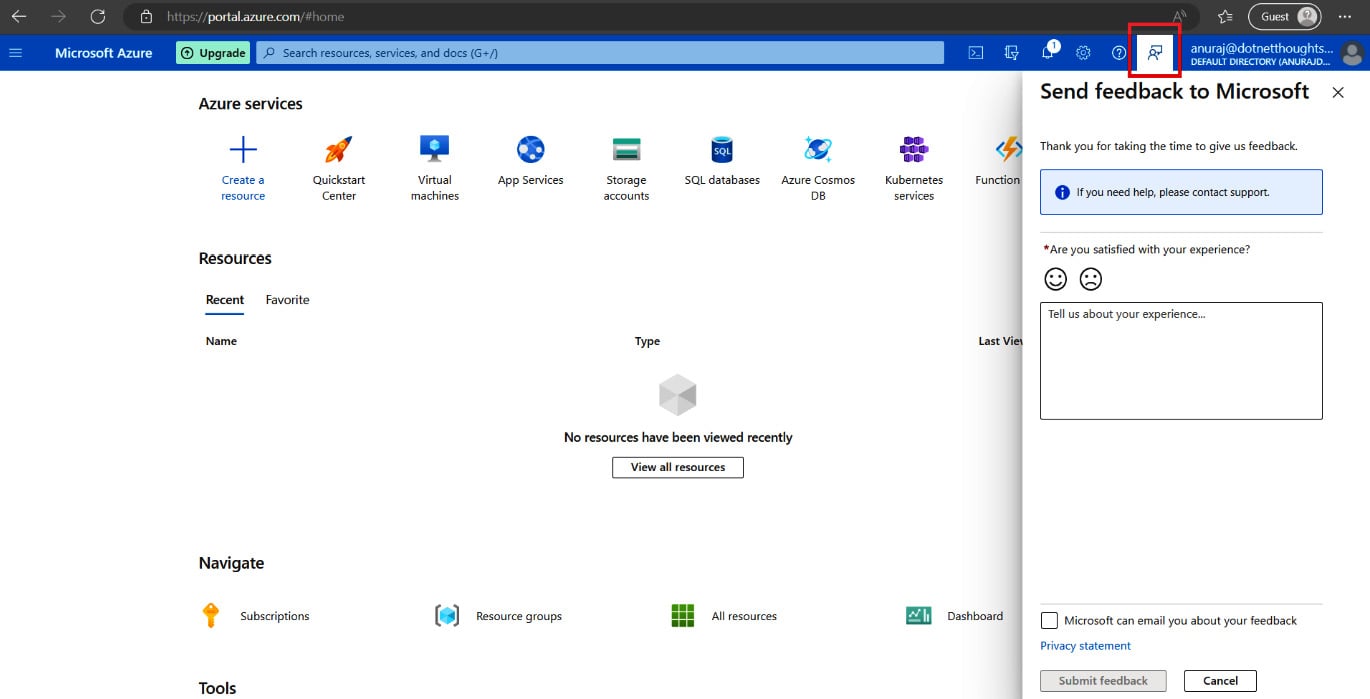 Figure 1.18 – Send feedback – Azure portal
