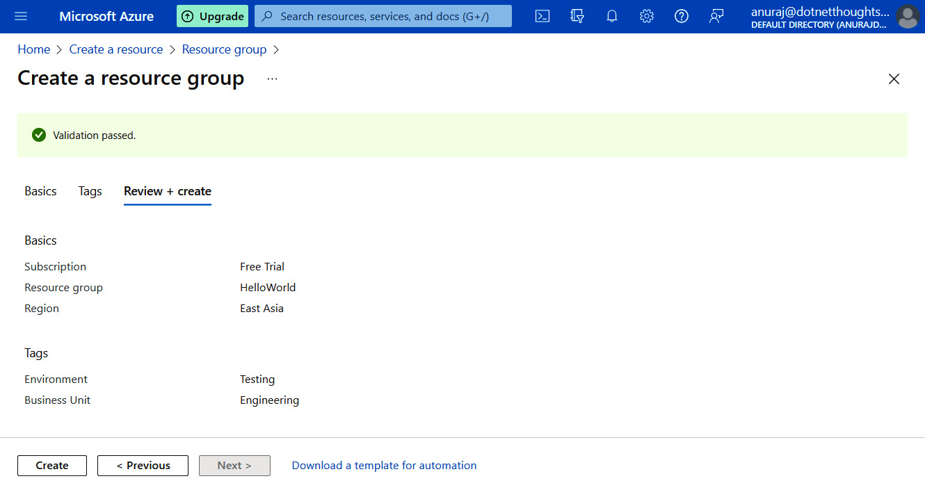 Figure 1.29 – Azure portal – Create a resource group confirmation screen
