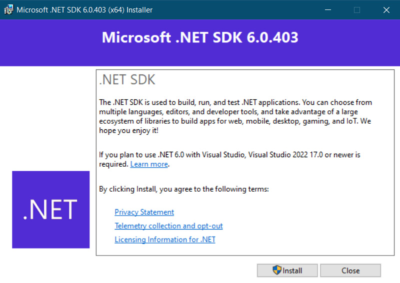 Figure 1.32 – .NET SDK – Windows installation
