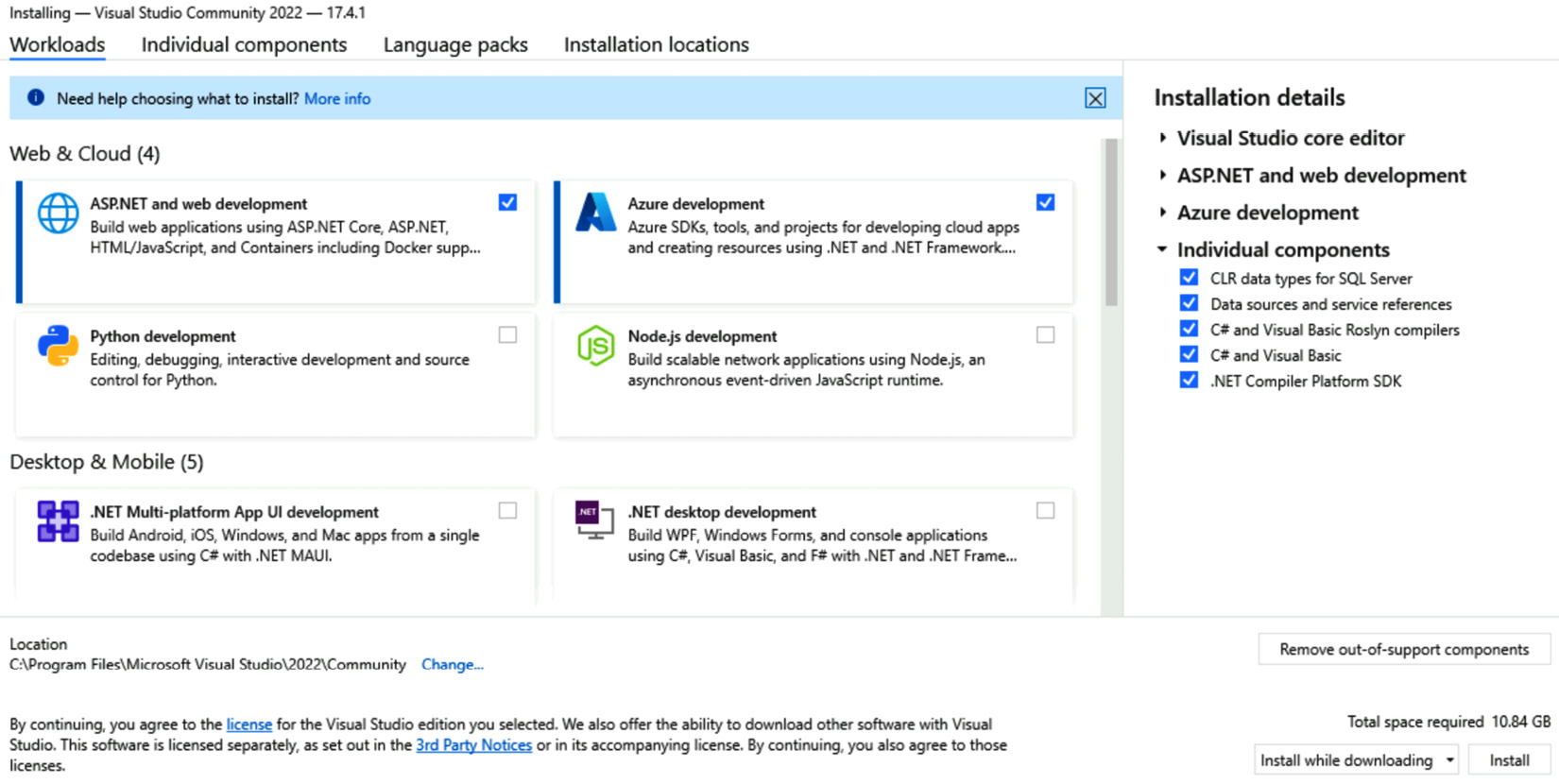 Figure 1.38 – Visual Studio – installation configuration
