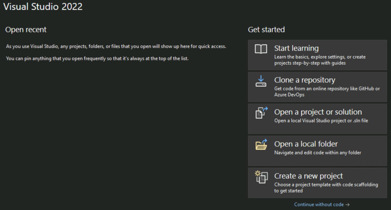 Figure 1.40 – Visual Studio – welcome screen
