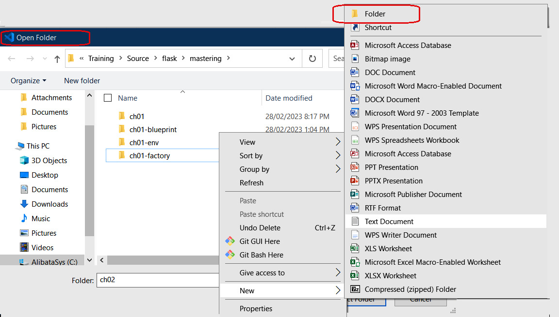 Figure 1.1 – Creating a Flask project folder using the VS Code editor