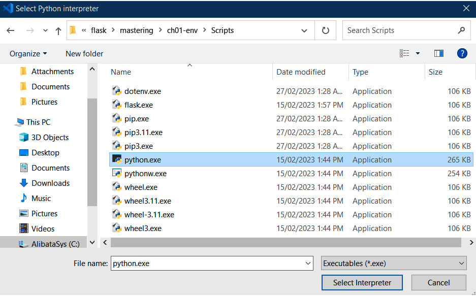 Figure 1.3 – Locating the Python interpreter of the virtual environment