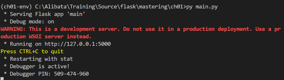 Figure 1.5 – The server log of Flask’s built-in server