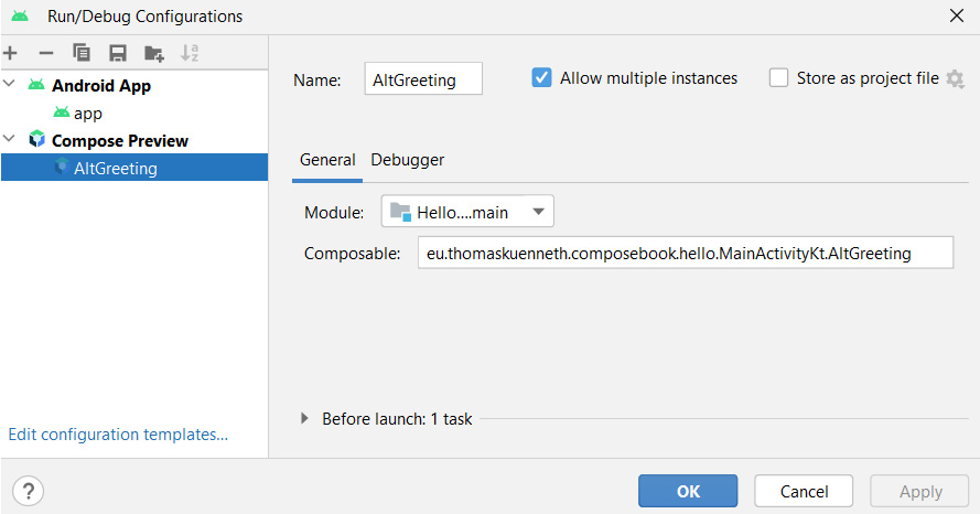 Figure 1.7 – Launch configurations representing Compose previews