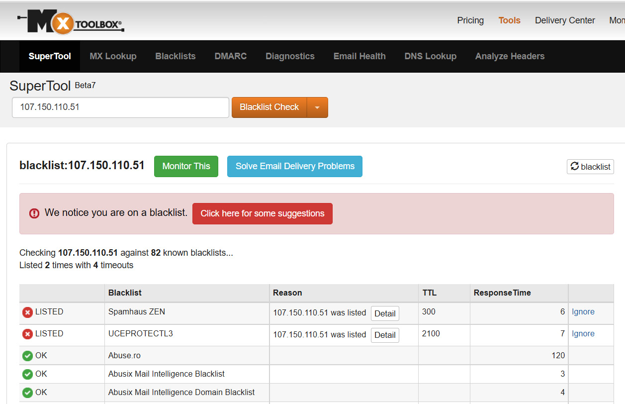 Figure 1.7 – Checking a suspicious sender IP on MxToolbox blacklists