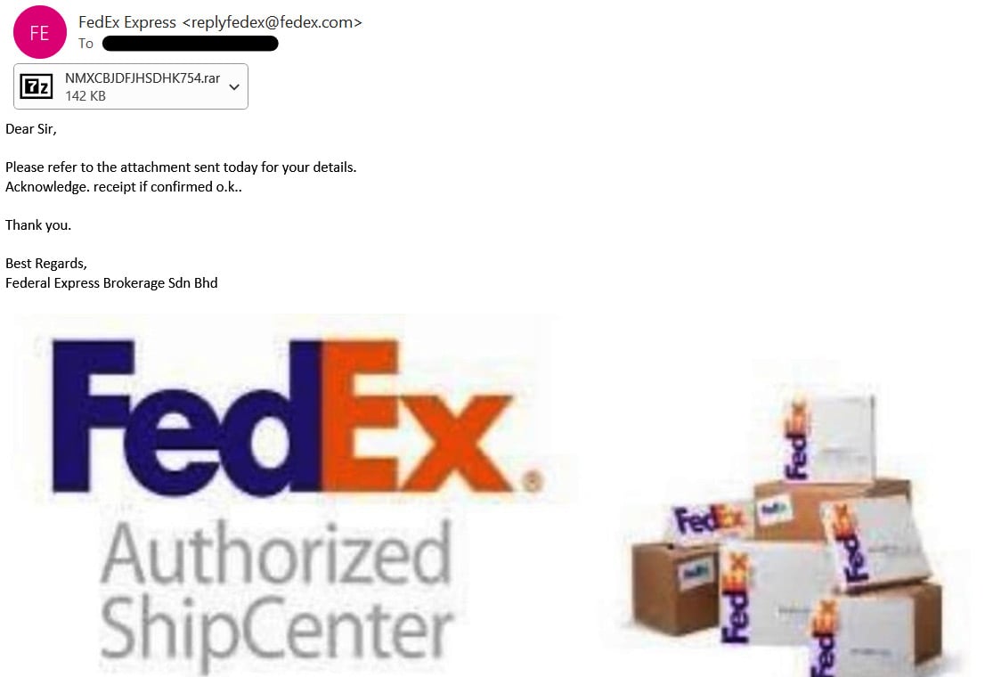 Figure 1.8 – A suspicious email, sent from an email sender who claims to be a member of the FedEx domain