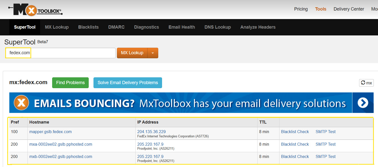 Figure 1.9 – Checking an MX record FedEx domain