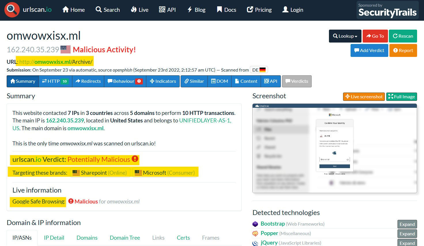 Figure 1.12 – An analysis of suspicious URLs using URL Scan