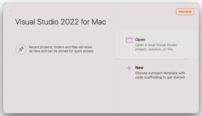 Figure 8.1 – Visual Studio 2022 for Mac start screen