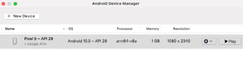 Figure 1.12 – Android Device Manager in Visual Studio for Mac