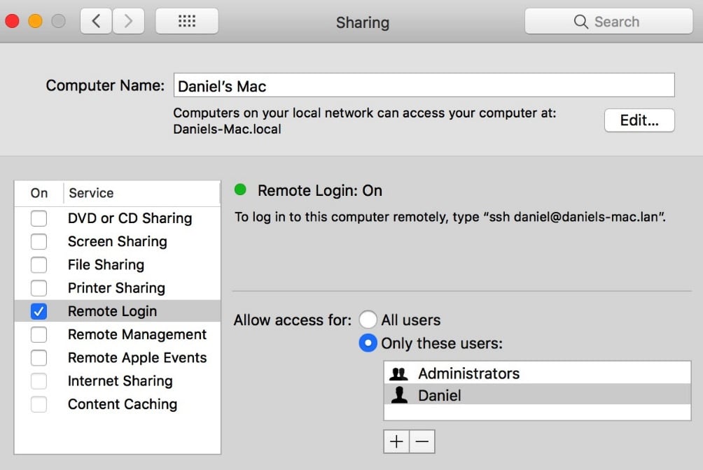 Figure 1.18 – Enabl﻿ing Remote Login on macOS