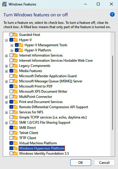 Figure 1.23 – Enabl﻿ing Hyper-V in Windows Features