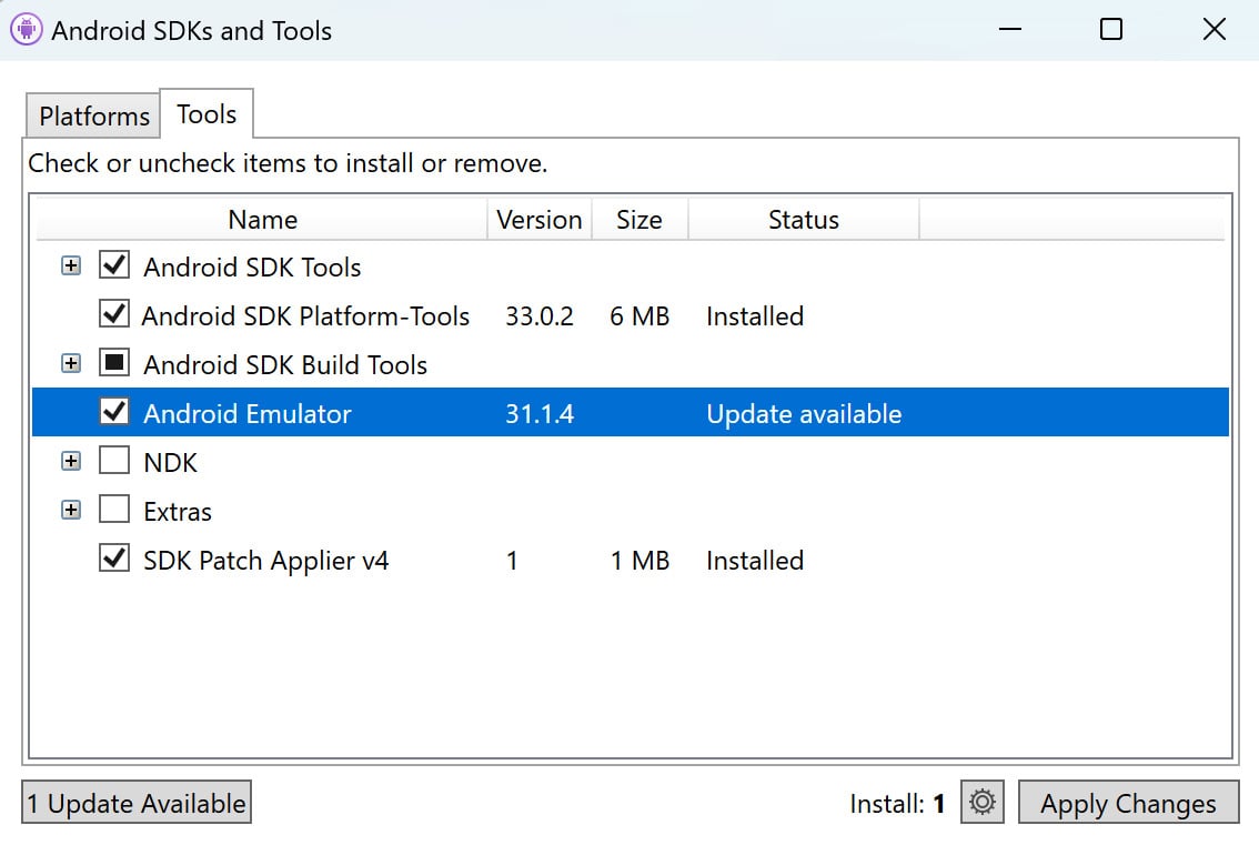 Figure 1.24 – Install﻿ing Android Emulator in Android SDK Manager