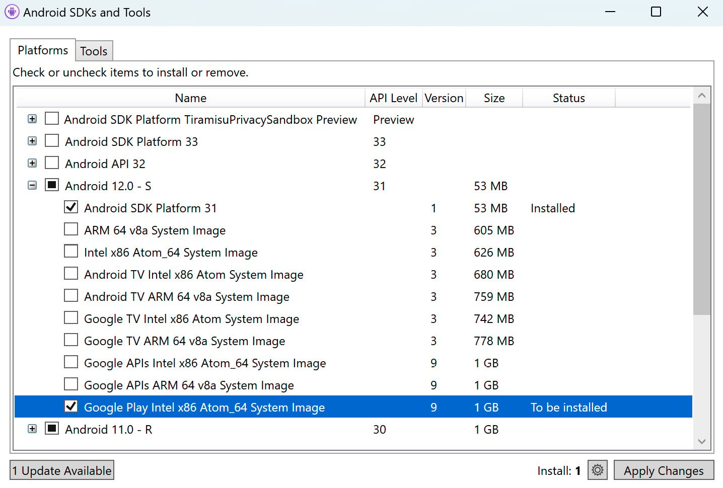 Figure 1.25 – I﻿nstall﻿ing Android Emulator images in Android SDK Manager