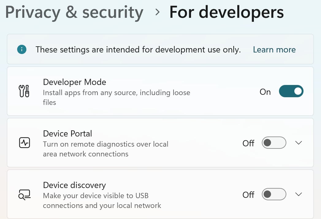 Figure 1.28 – Enabl﻿ing Developer Mode