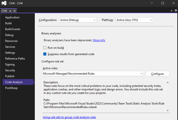 Figure 10.1﻿: The Code Analysis page for the CH4 project