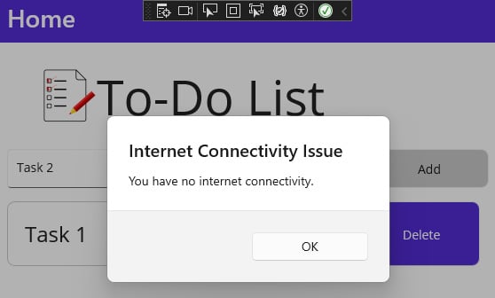 Figure 13.3: An alert showing that the user has no internet connectivity