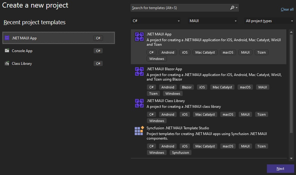 Figure 13.9: Visual Studio’s Create a new project dialog