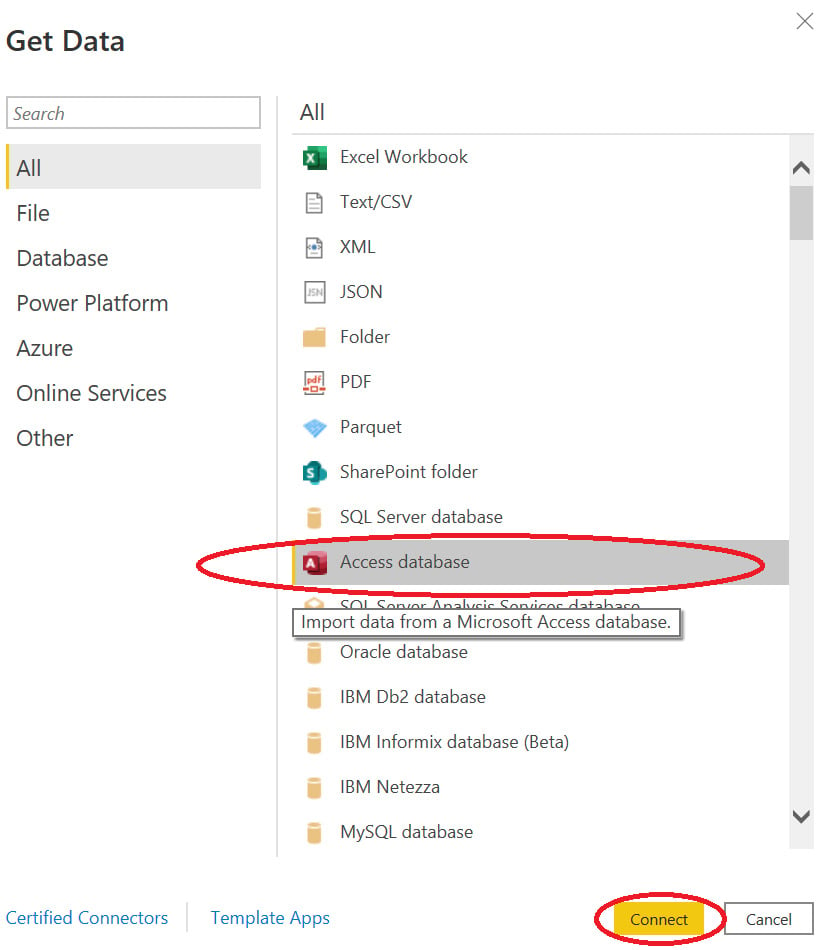 Figure 1.2 – Access database connector in Power BI