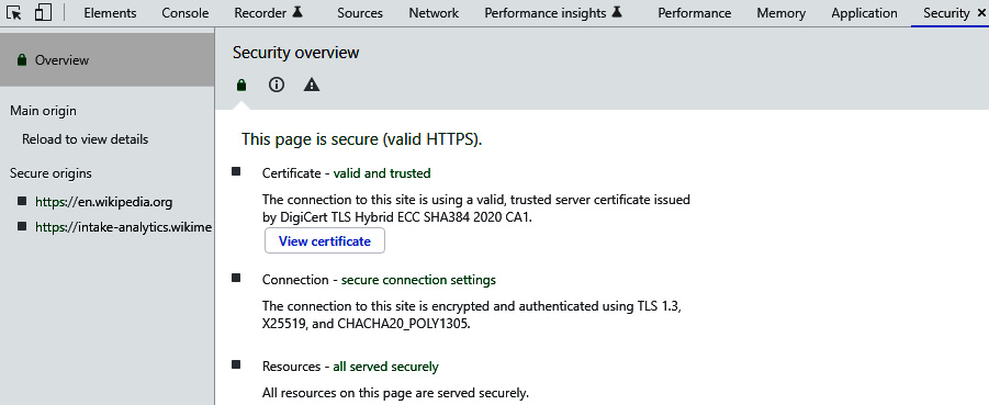  Figure 1.12: Security panel (details about certificate, connection, and resources)