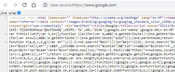 Figure 1.6: Page source (new tab loaded in the web browser, with raw HTML)