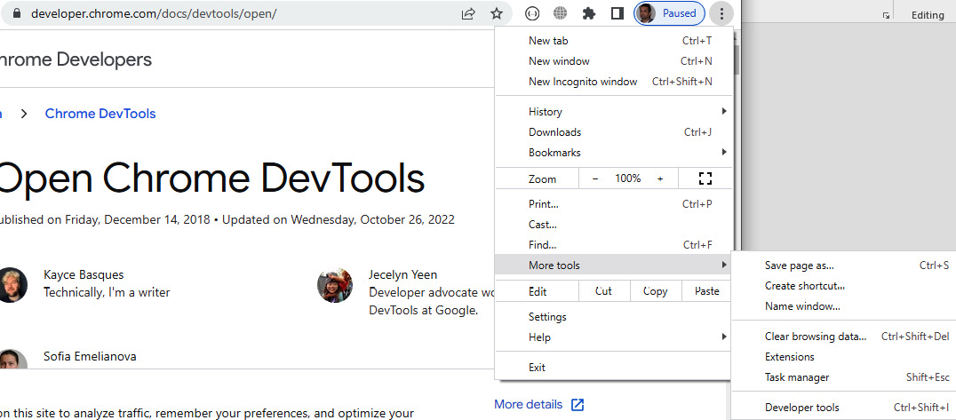 Figure 1.7: Accessing DevTools (web browser menu bar)