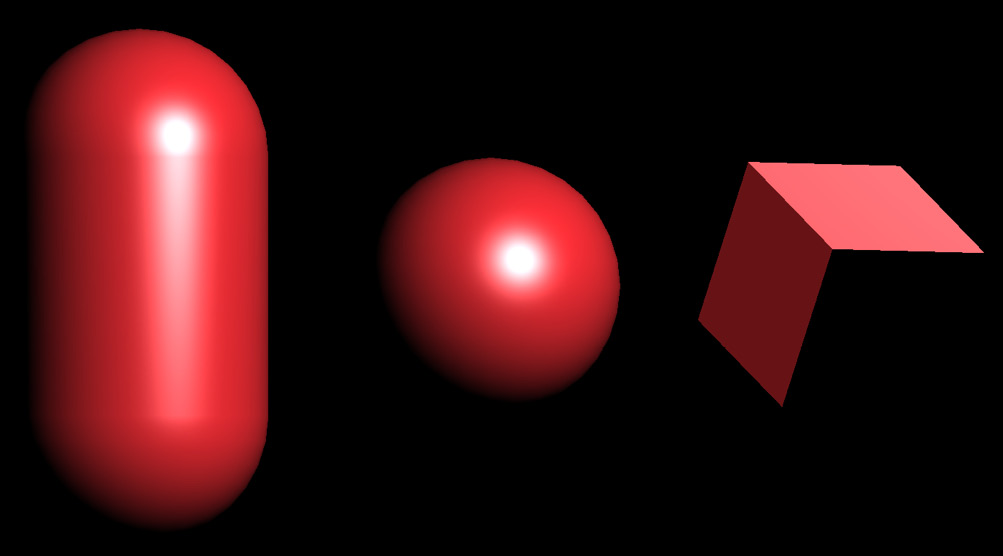 Figure 1.5 – Basic specular lighting of a capsule, a sphere, and a cube with a single directional light