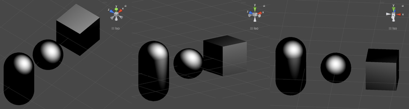 Figure 1.7 – Phong specular highlights on a capsule, a sphere, and a cube with a single directional light