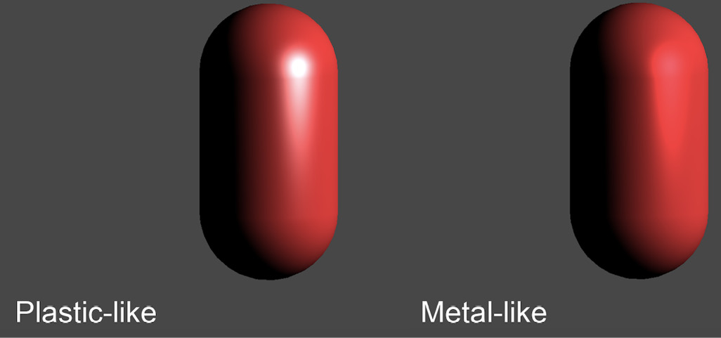 Figure 1.11 – Comparison of a specular model where highlights are not tinted by the surface color (plastic-like) and one where they are (metal-like)