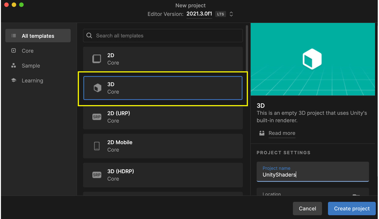 Figure 1.12 – Unity project creation panel in the Unity Hub with the 3D template highlighted