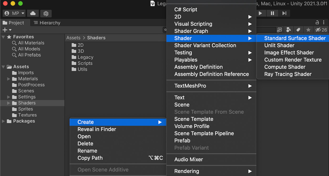 Figure 1.13 – Contextual menu for creating a legacy shader