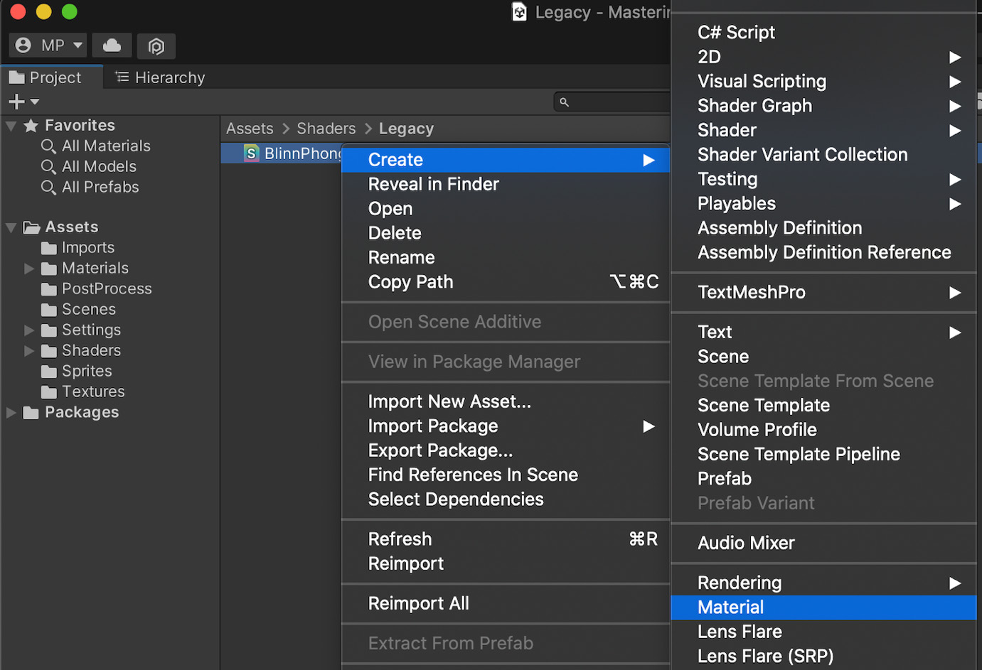 Figure 1.14 – Contextual menu for creating a material from a shader