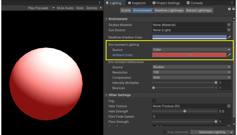 Figure 1.20 – Configuration of the ambient color for the Unity scene in the Color mode