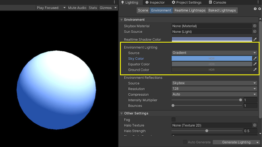 Figure 1.21 – Configuration of the ambient color for the Unity scene in the Gradient mode