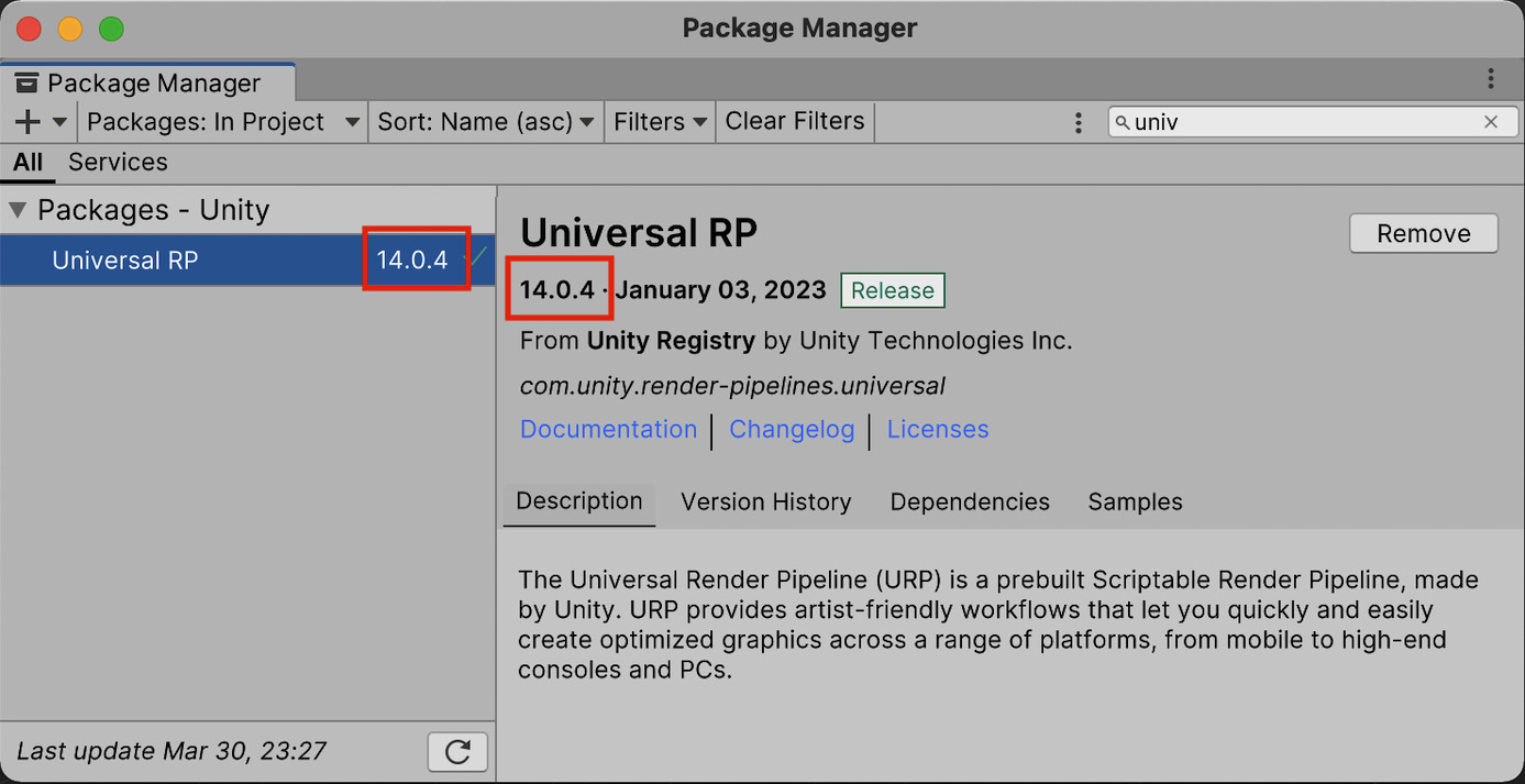 Figure 14.1 – Universal RP package in the Package Manager in version 14.0.4