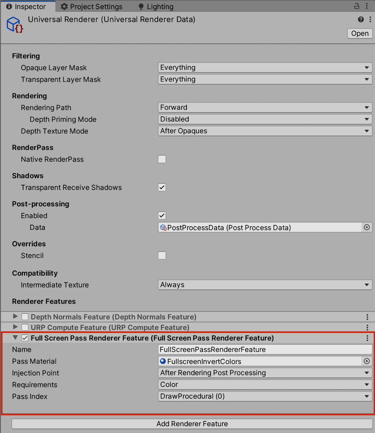 Figure 14.5 – URP settings asset to use the FullscreenInvertColors material as a fullscreen effect